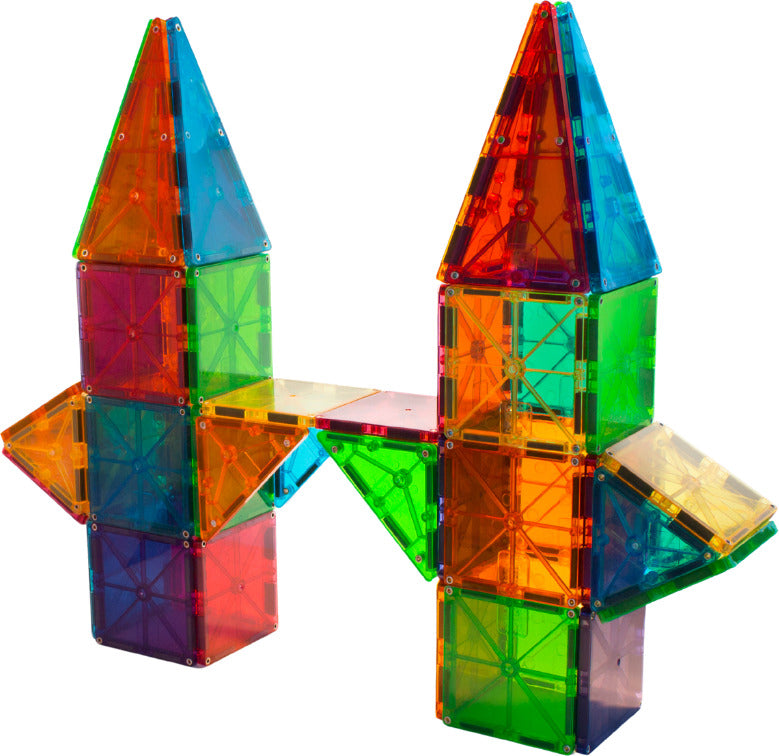 MAGNA-TILES Classic 100-Piece Magnetic Construction Set with colorful geometric shapes including squares and triangles