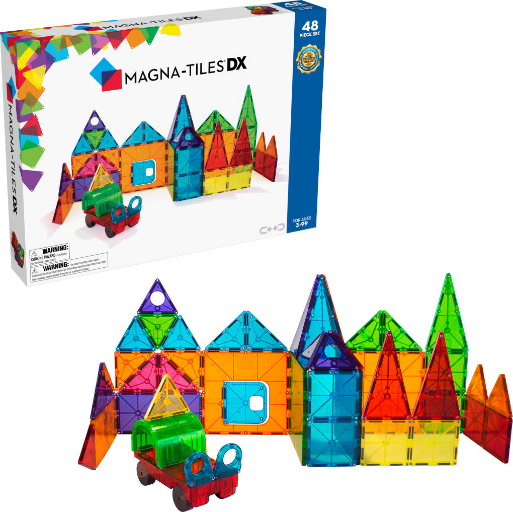 MAGNA-TILES DX 48-Piece Magnetic Construction Set with unique deluxe shapes including arch, hinged door and wheeled chassis