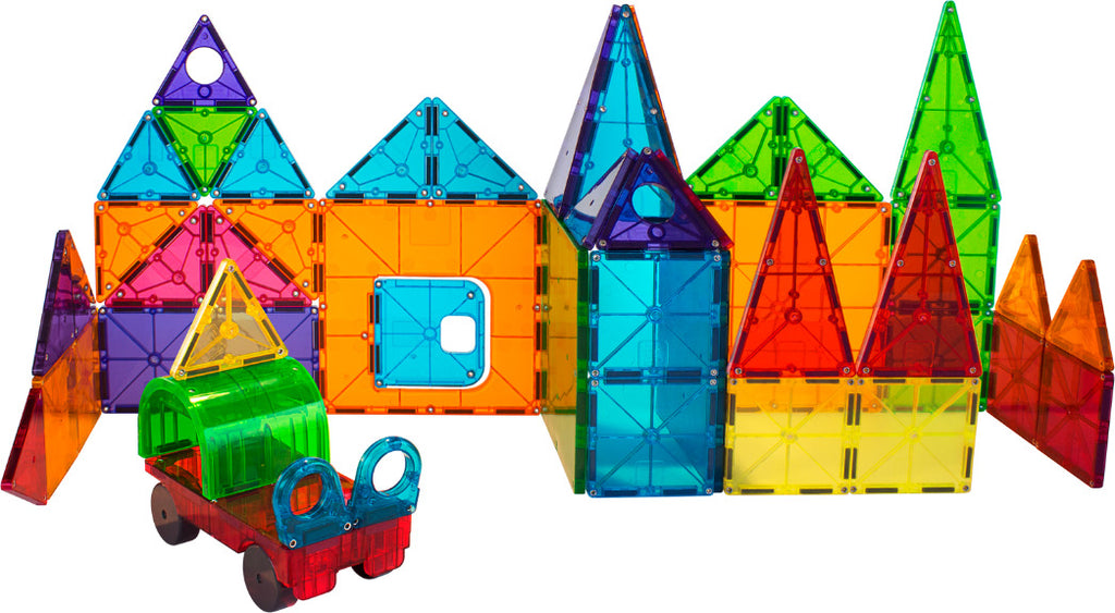 MAGNA-TILES DX 48-Piece Magnetic Construction Set with unique deluxe shapes including arch, hinged door and wheeled chassis