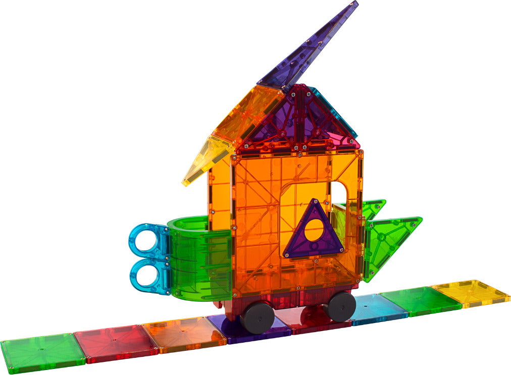 MAGNA-TILES DX 48-Piece Magnetic Construction Set with unique deluxe shapes including arch, hinged door and wheeled chassis