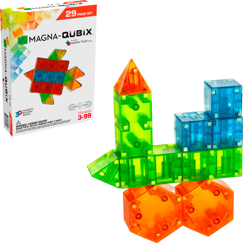 MAGNA-QUBIX 29-Piece Magnetic Construction Set with transparent 3D shapes including pyramids, prisms, and cubes by Valtech Magna-Tiles
