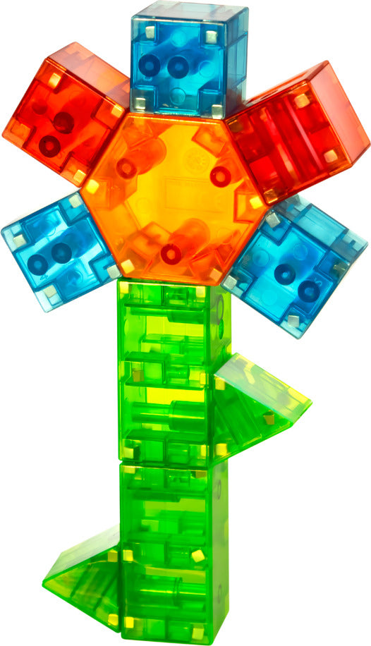 MAGNA-QUBIX 29-Piece Magnetic Construction Set with transparent 3D shapes including pyramids, prisms, and cubes by Valtech Magna-Tiles