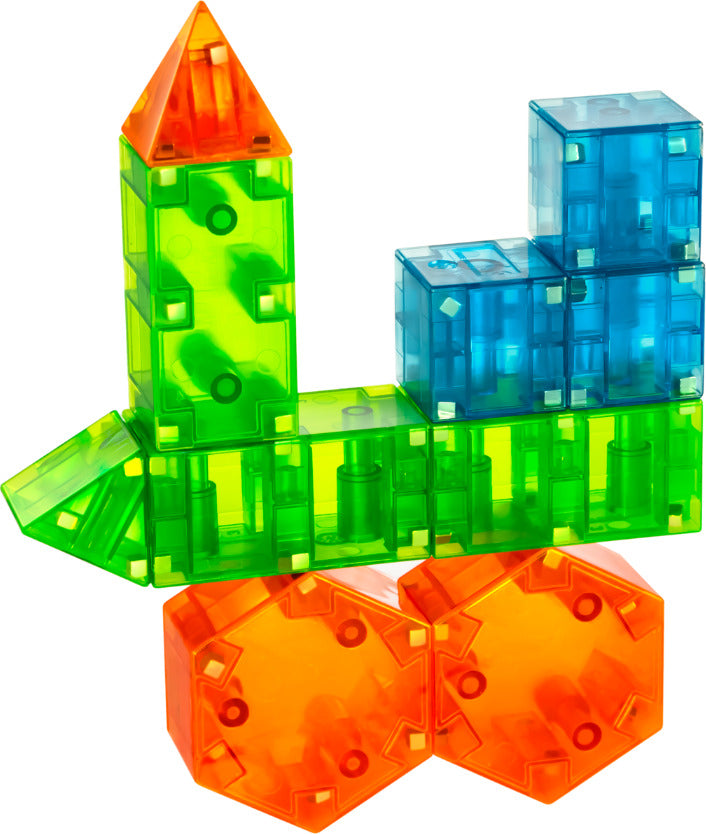 MAGNA-QUBIX 29-Piece Magnetic Construction Set with transparent 3D shapes including pyramids, prisms, and cubes by Valtech Magna-Tiles
