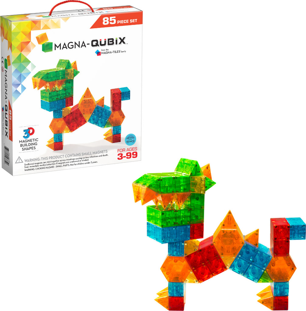 MAGNA-QUBIX 85-Piece Magnetic Construction Set with 3D shapes including pyramids, prisms and cubes in transparent colors