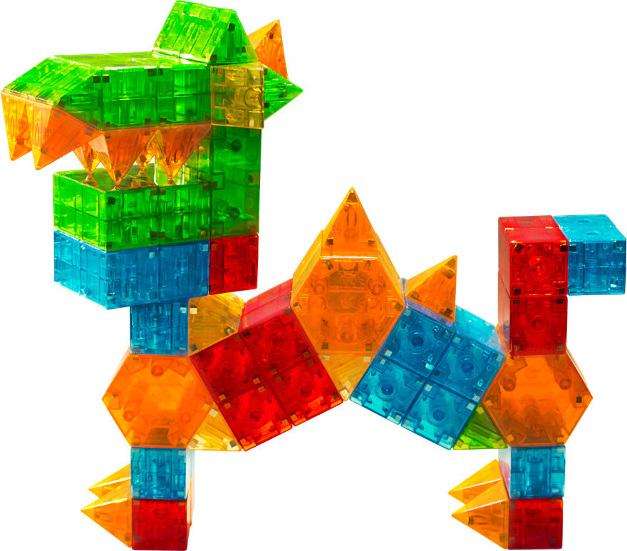 MAGNA-QUBIX 85-Piece Magnetic Construction Set with 3D shapes including pyramids, prisms and cubes in transparent colors