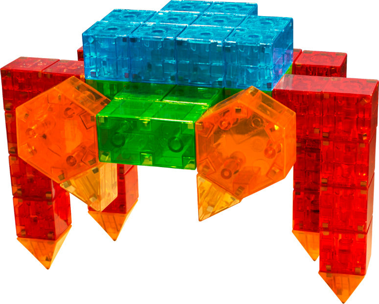 MAGNA-QUBIX 85-Piece Magnetic Construction Set with 3D shapes including pyramids, prisms and cubes in transparent colors