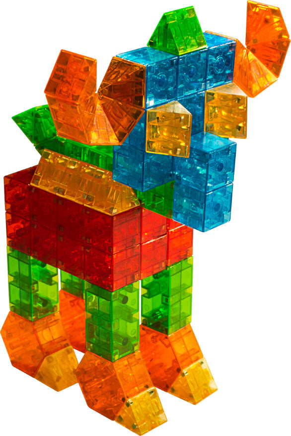 MAGNA-QUBIX 85-Piece Magnetic Construction Set with 3D shapes including pyramids, prisms and cubes in transparent colors