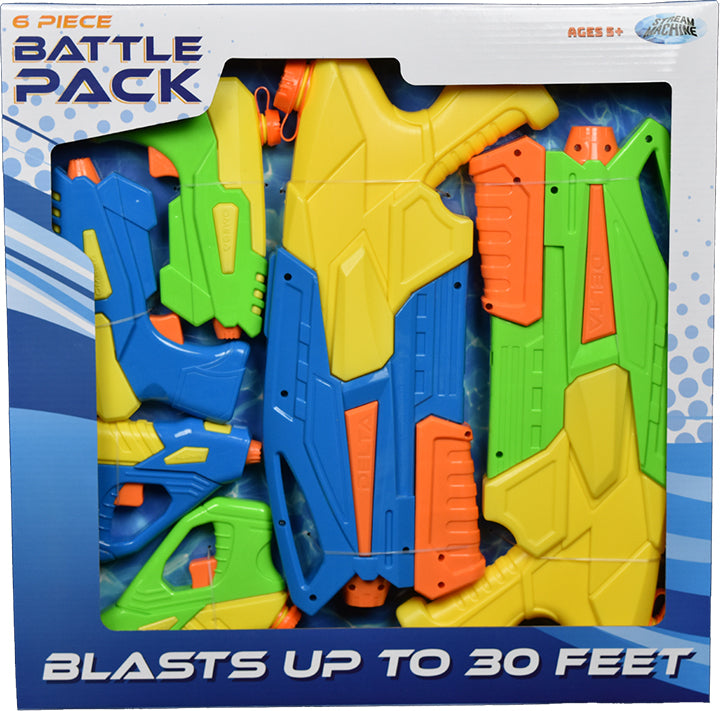Battle Pack Water Guns 6-piece set with colorful water pistols in various sizes for outdoor water fights