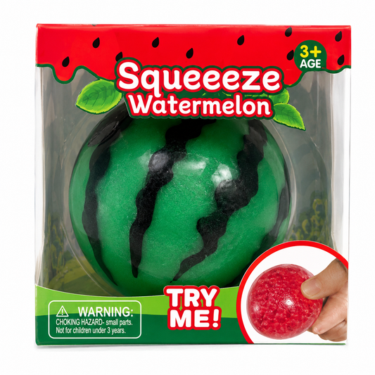 5-inch watermelon-shaped squishy stress ball filled with colorful water beads for sensory play, stress relief, and fidget fun