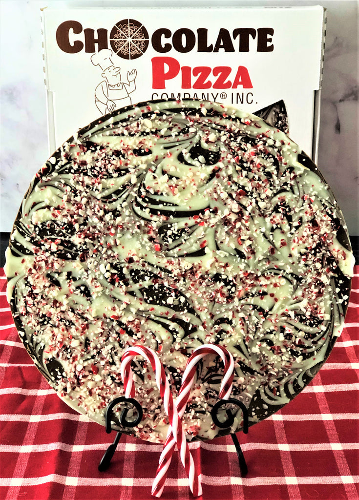 Blizzard Candy Cane Swirls Chocolate Pizza | chocolate & peppermint candy canes