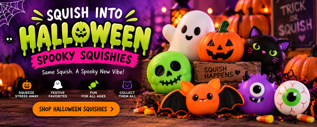 Squish into Halloween: spooky squishies including ghosts, pumpkins, black cats and eyeballs. Shop Halloween squishies.