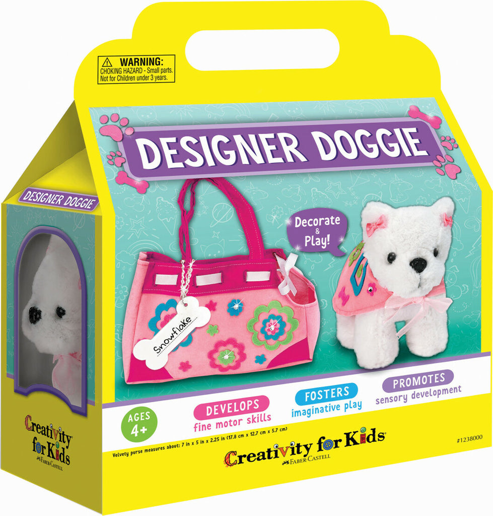 Creativity for Kids Designer Doggie with pre-cut fabric pieces, stuffing, and accessories to create a custom dog