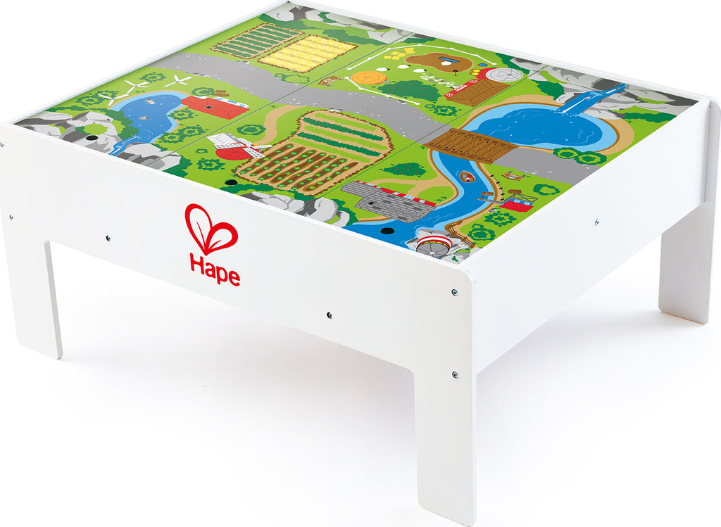 Hape Reversible Train Storage Table with city and countryside scenes, built-in storage for railway toys ages 3-7