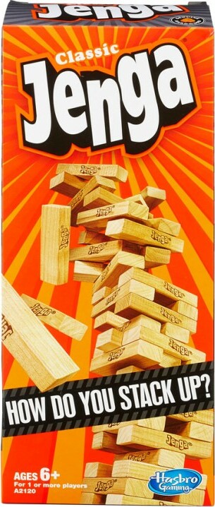 Jenga Classic wooden block tower game with 54 genuine hardwood blocks in tube packaging