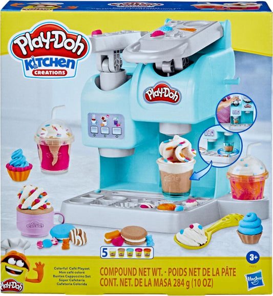 Play-Doh Colorful Cafe playset with coffee machine, molds, and modeling compound for pretend cafe play