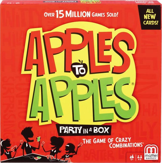 Apples to Apples Party in a Box card game by Mattel featuring colorful game cards and packaging for ages 12 and up