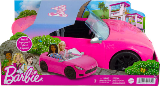 Barbie convertible car in bright pink with working wheels and stylish design for doll adventures