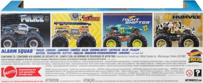 Hot Wheels Monster Trucks 1:64 4-Pack Rescue with four monster truck vehicles
