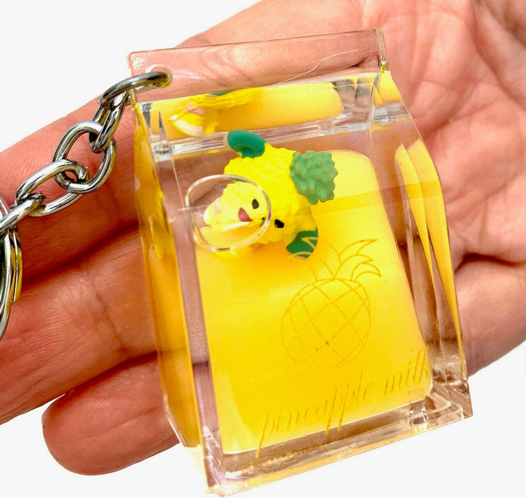 Fruit carton shaped floating key charm with keyring and clip attachment in assorted designs