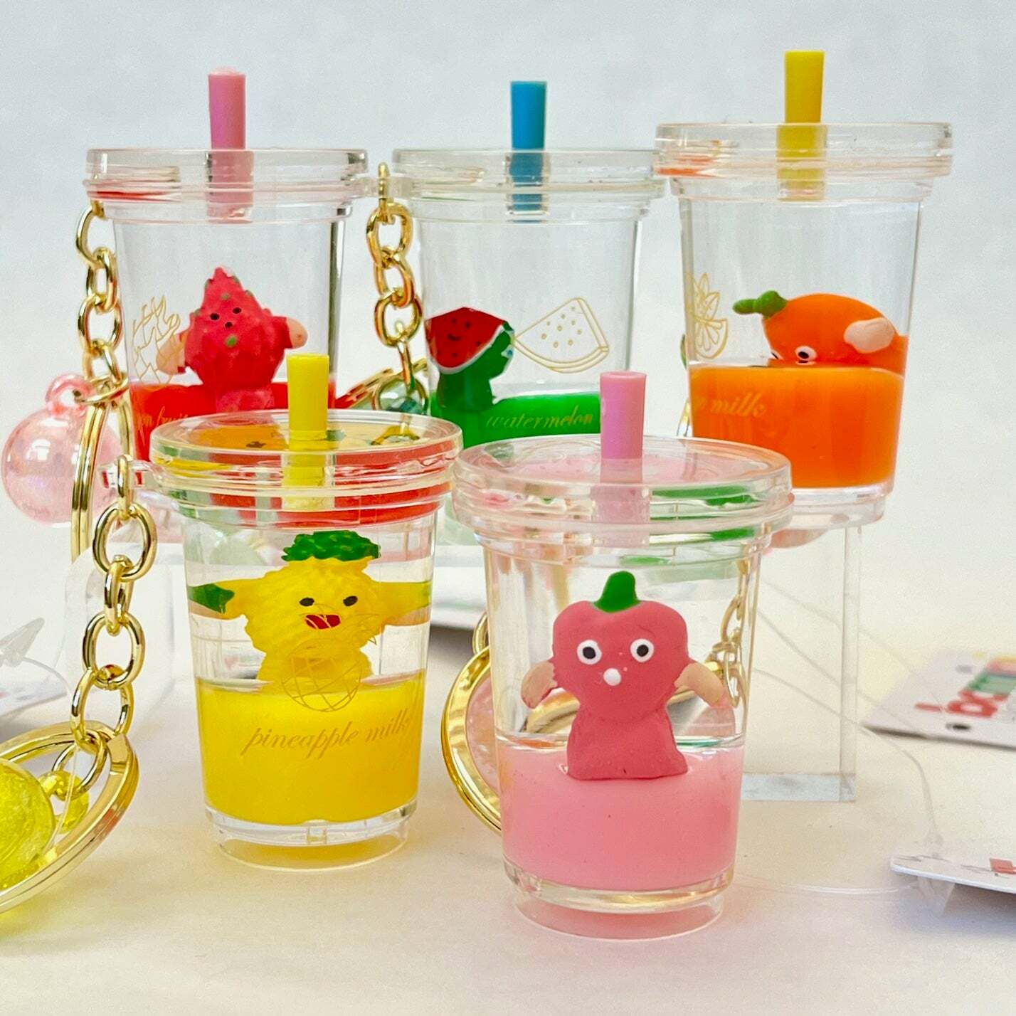 Cute fruit boba tea shaped floating key charm with keyring and clip for bags