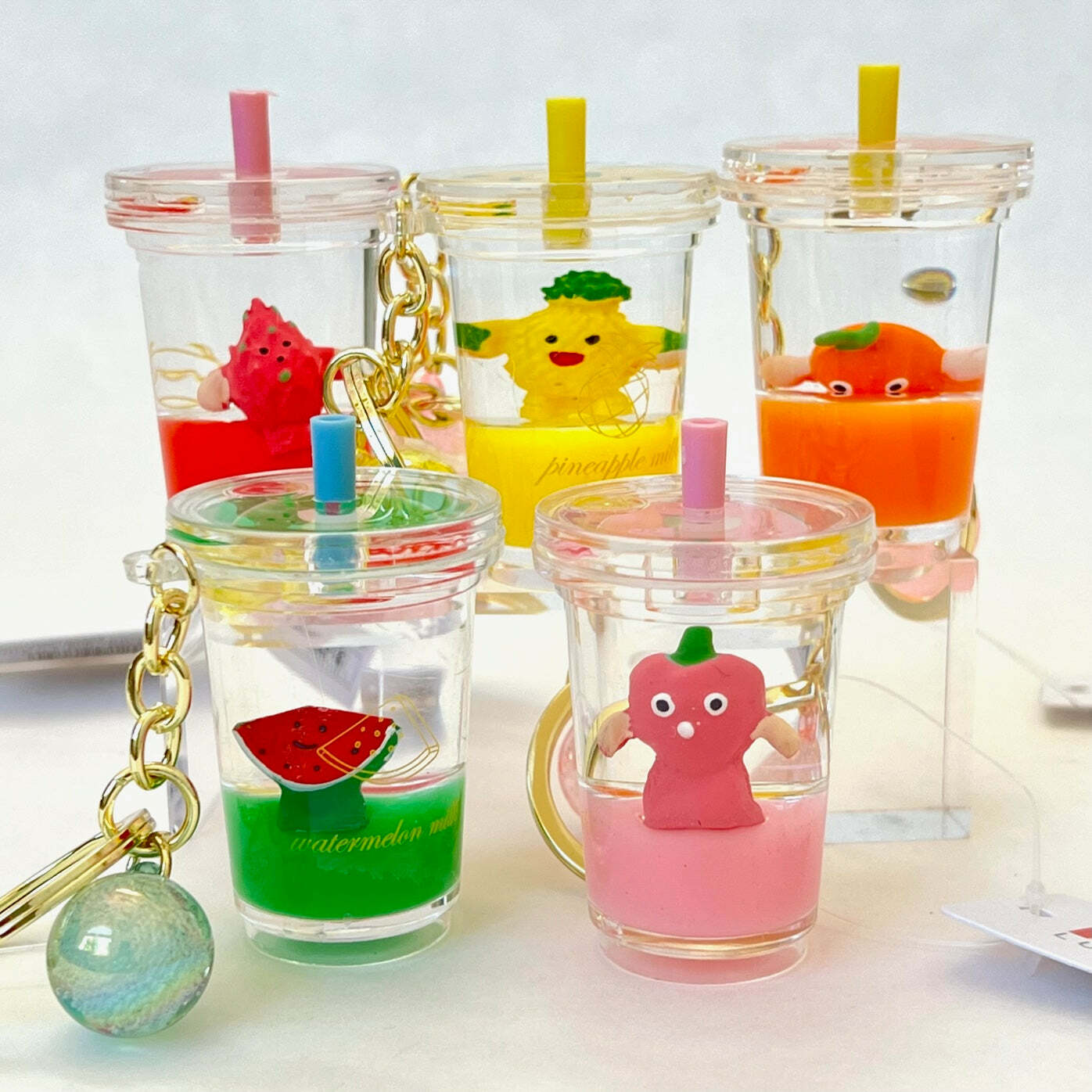 Cute fruit boba tea shaped floating key charm with keyring and clip for bags