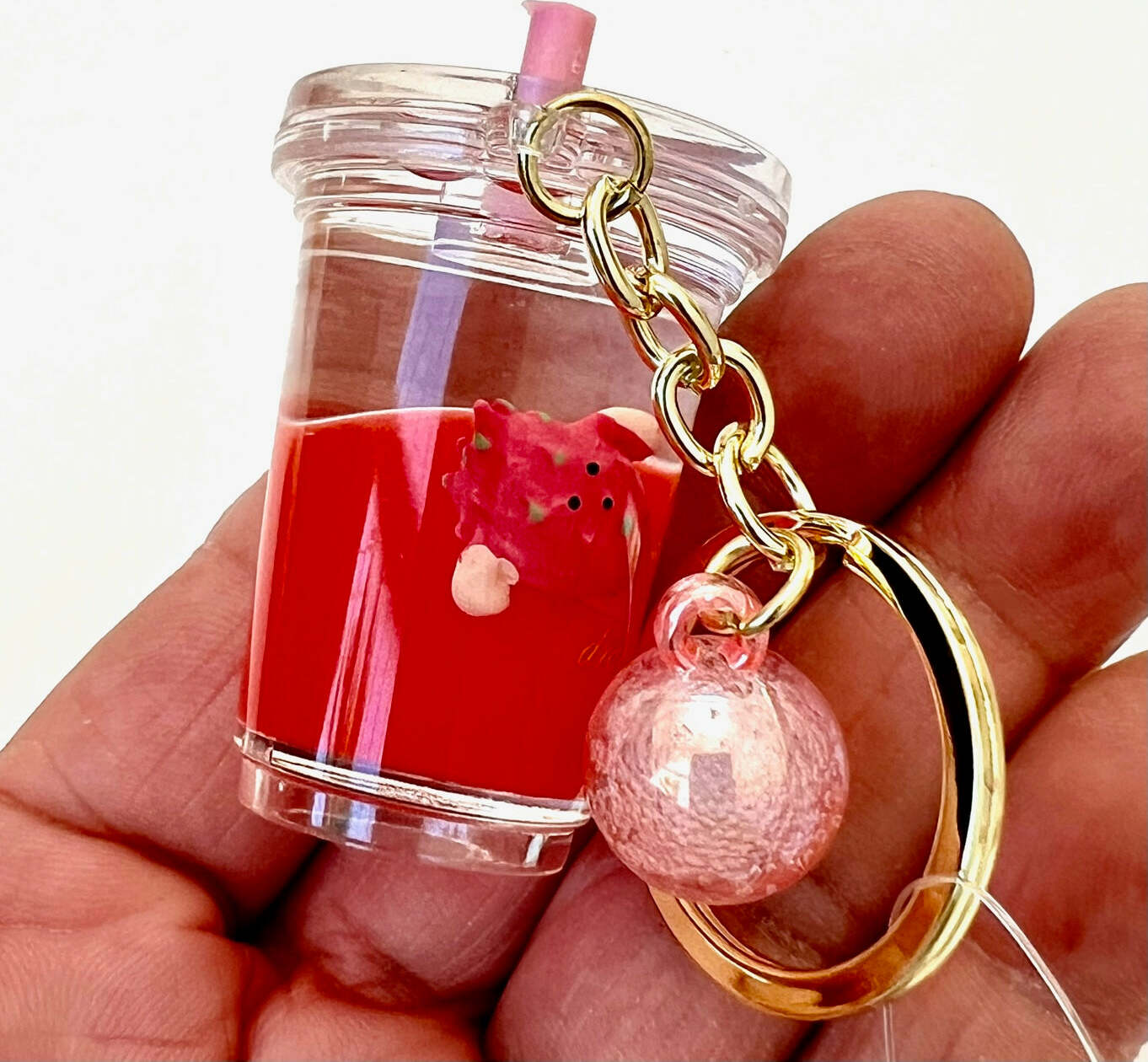 Cute fruit boba tea shaped floating key charm with keyring and clip for bags