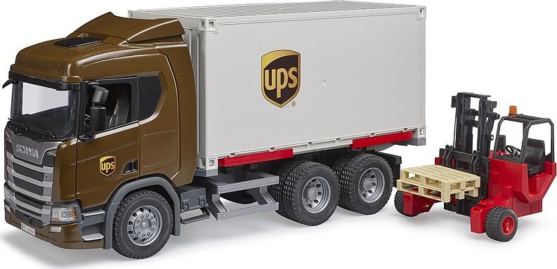 Scania Super 560R Ups Logistics Truck with Forklift - Bruder UPS delivery truck with working forklift for logistics play