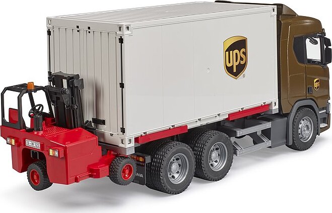 Scania Super 560R Ups Logistics Truck with Forklift - Bruder UPS delivery truck with working forklift for logistics play