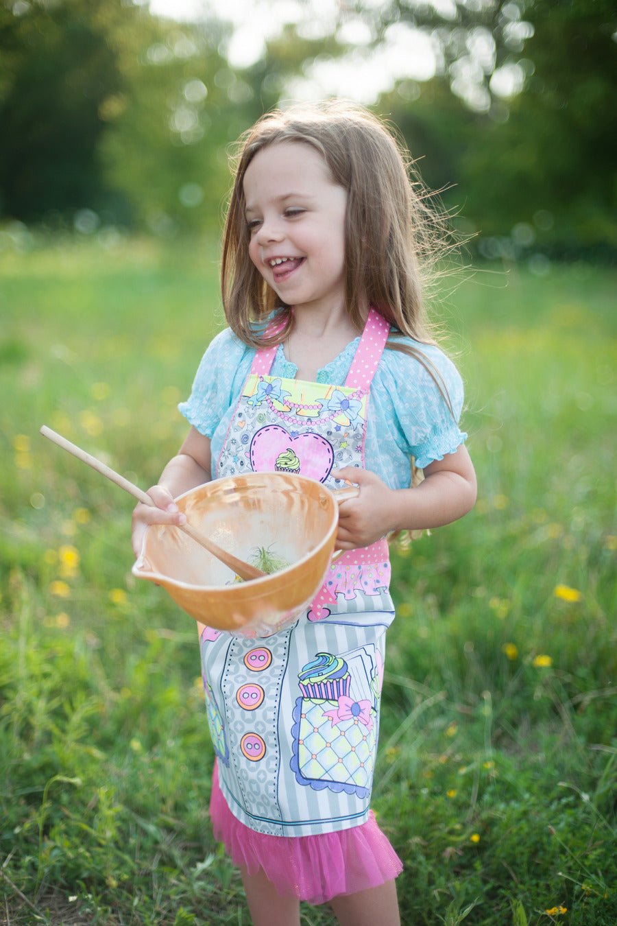 Color-An-Apron size 4-6 with polka dot gingham ribbons, pink glitter tulle ruffle, includes 4 washable markers for customization