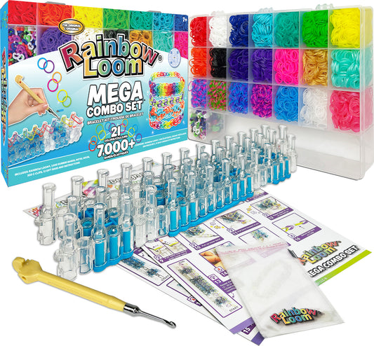 Rainbow Loom Mega Combo with loom board, colorful rubber bands, and hook tool for bracelet making