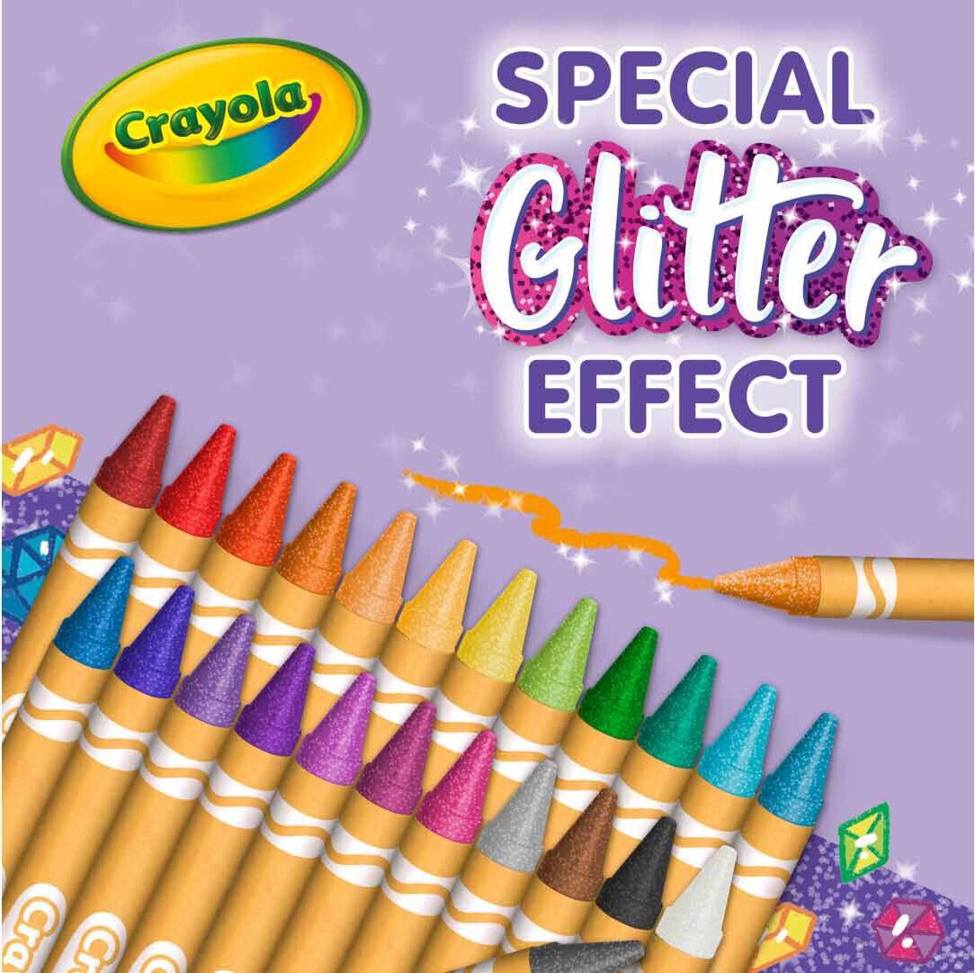  24 Count Glitter Crayons by Crayola with sparkly pigments for adding shimmer to artwork and coloring projects