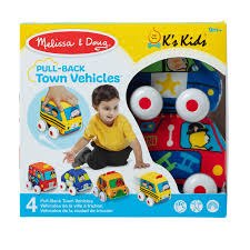 Melissa & Doug PullBack Vehicles set with four soft colorful cars and trucks for safe toddler racing fun