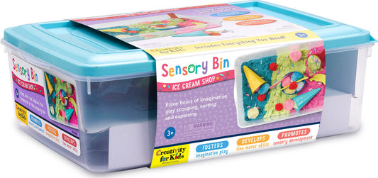 Creativity for Kids Sensory Bin Ice Cream Shop with scoops, cones, and ice cream themed sensory materials