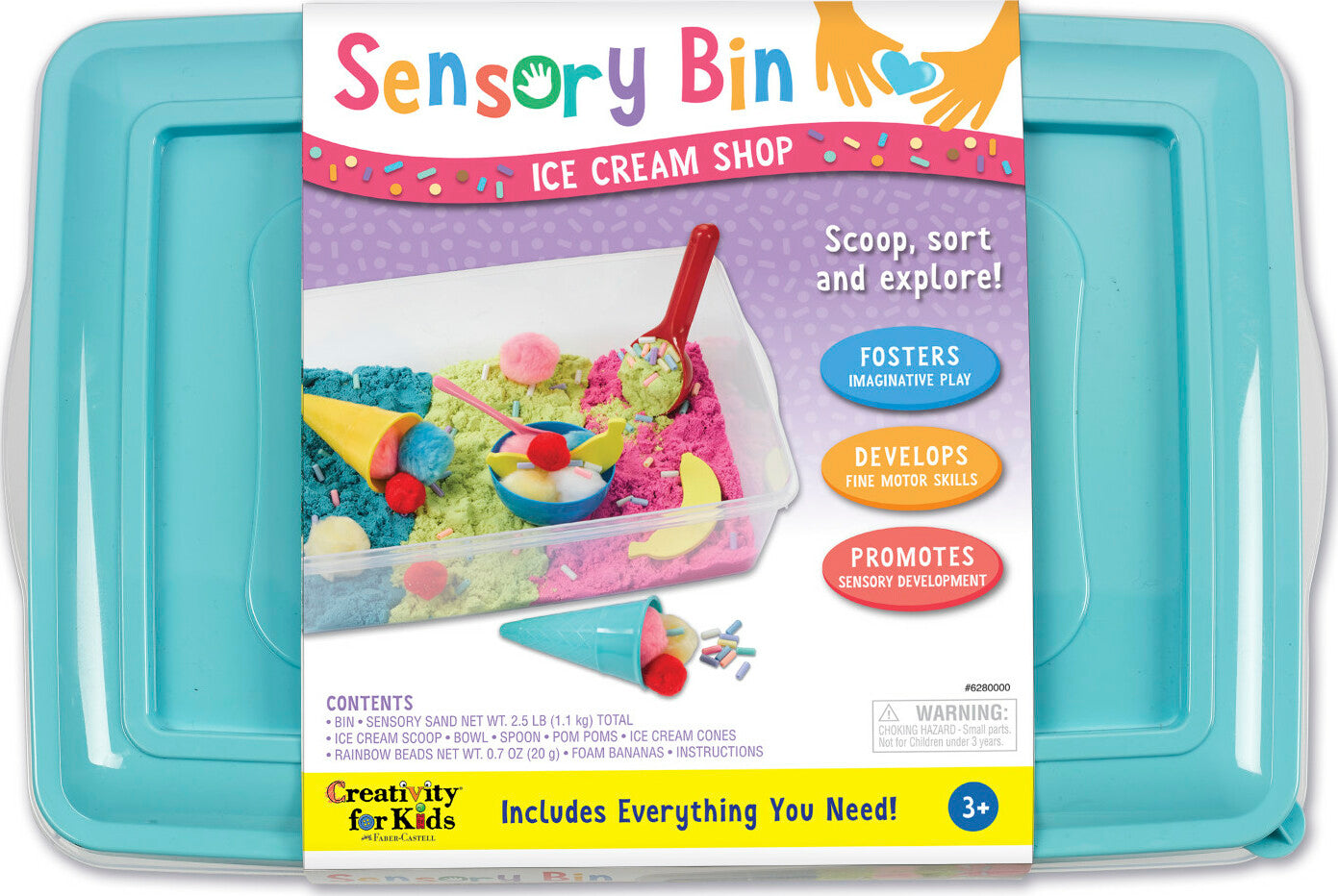Creativity for Kids Sensory Bin Ice Cream Shop with scoops, cones, and ice cream themed sensory materials