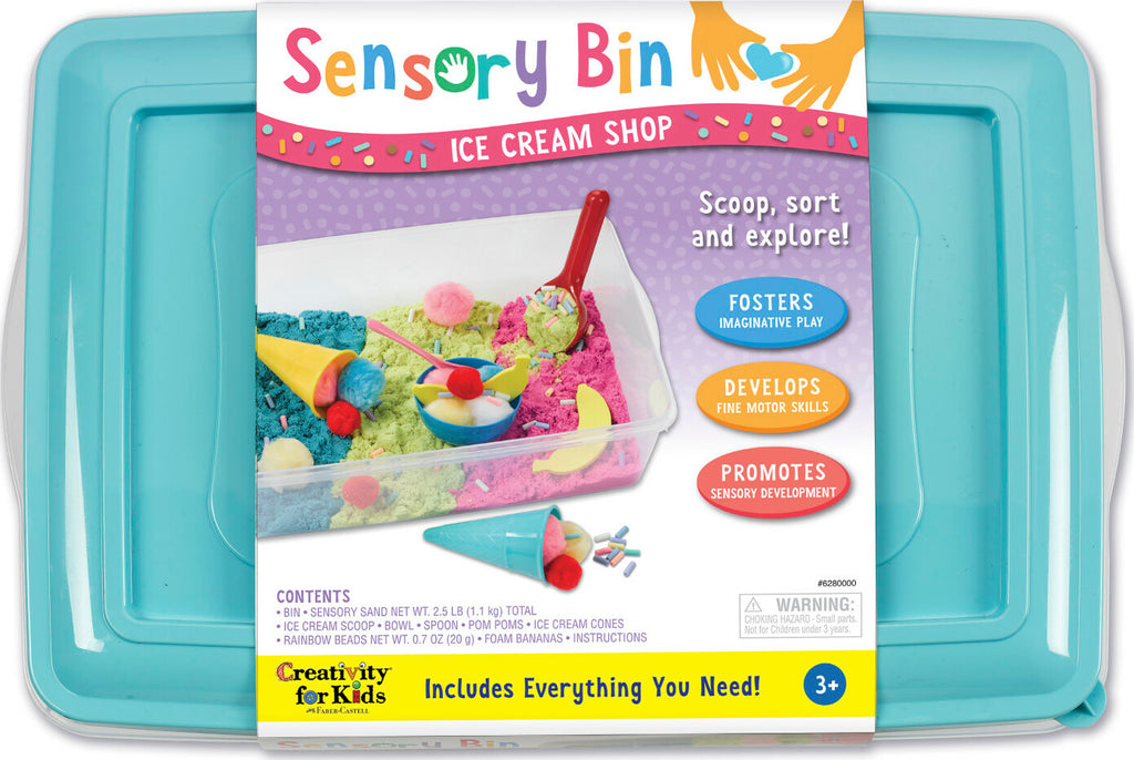 Creativity for Kids Sensory Bin Ice Cream Shop with scoops, cones, and ice cream themed sensory materials