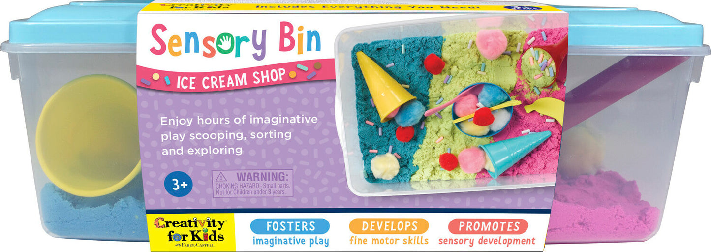 Creativity for Kids Sensory Bin Ice Cream Shop with scoops, cones, and ice cream themed sensory materials