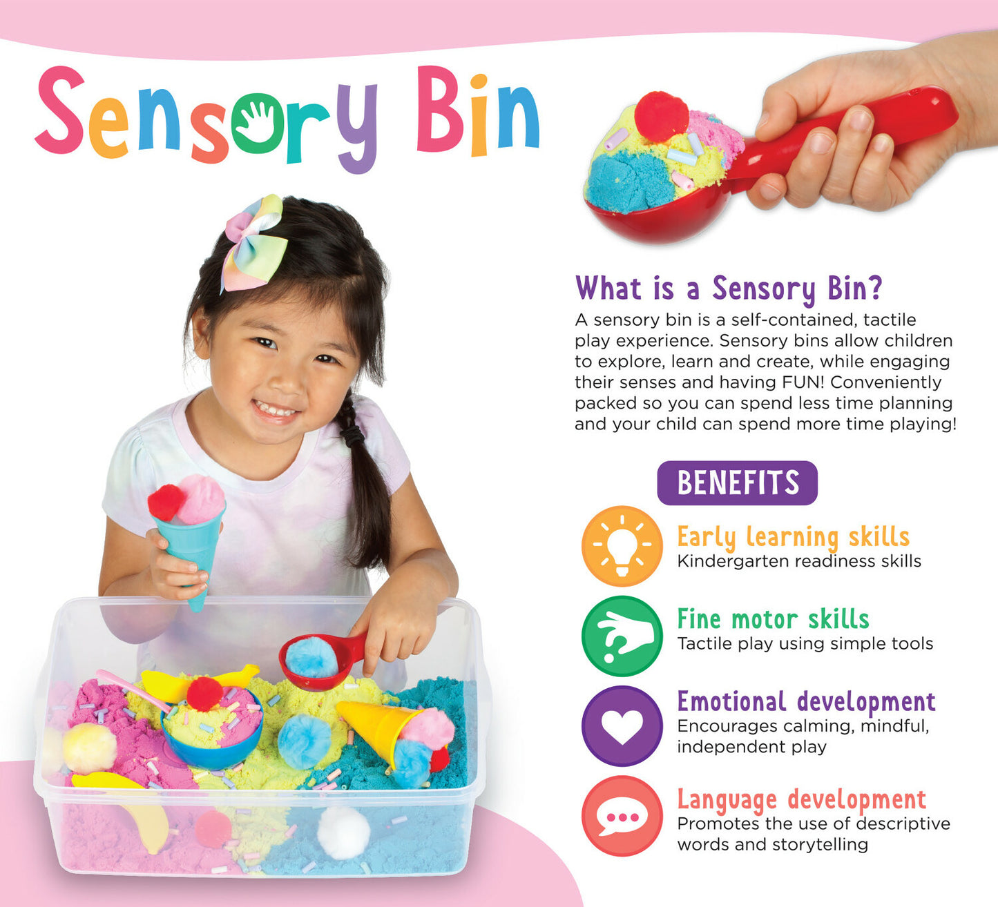 Creativity for Kids Sensory Bin Ice Cream Shop with scoops, cones, and ice cream themed sensory materials