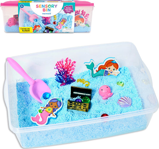 Creativity for Kids Sensory Bin Mermaid with kinetic sand, mermaid figures, and underwater accessories