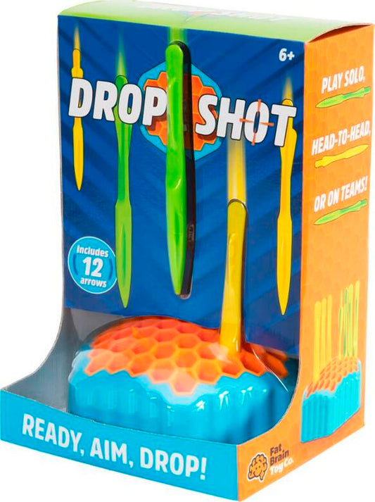 Drop Shot gravity-based skill game by Fat Brain Toys with honeycomb board and colorful arrows for ages 8 and up