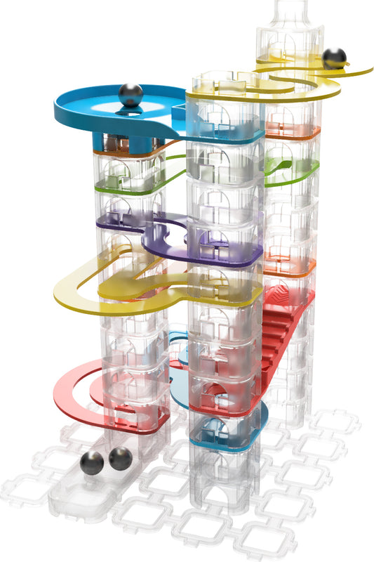Trestle Tracks Builder Set marble run with hollow stacking cubes and curved tracks for engineering play
