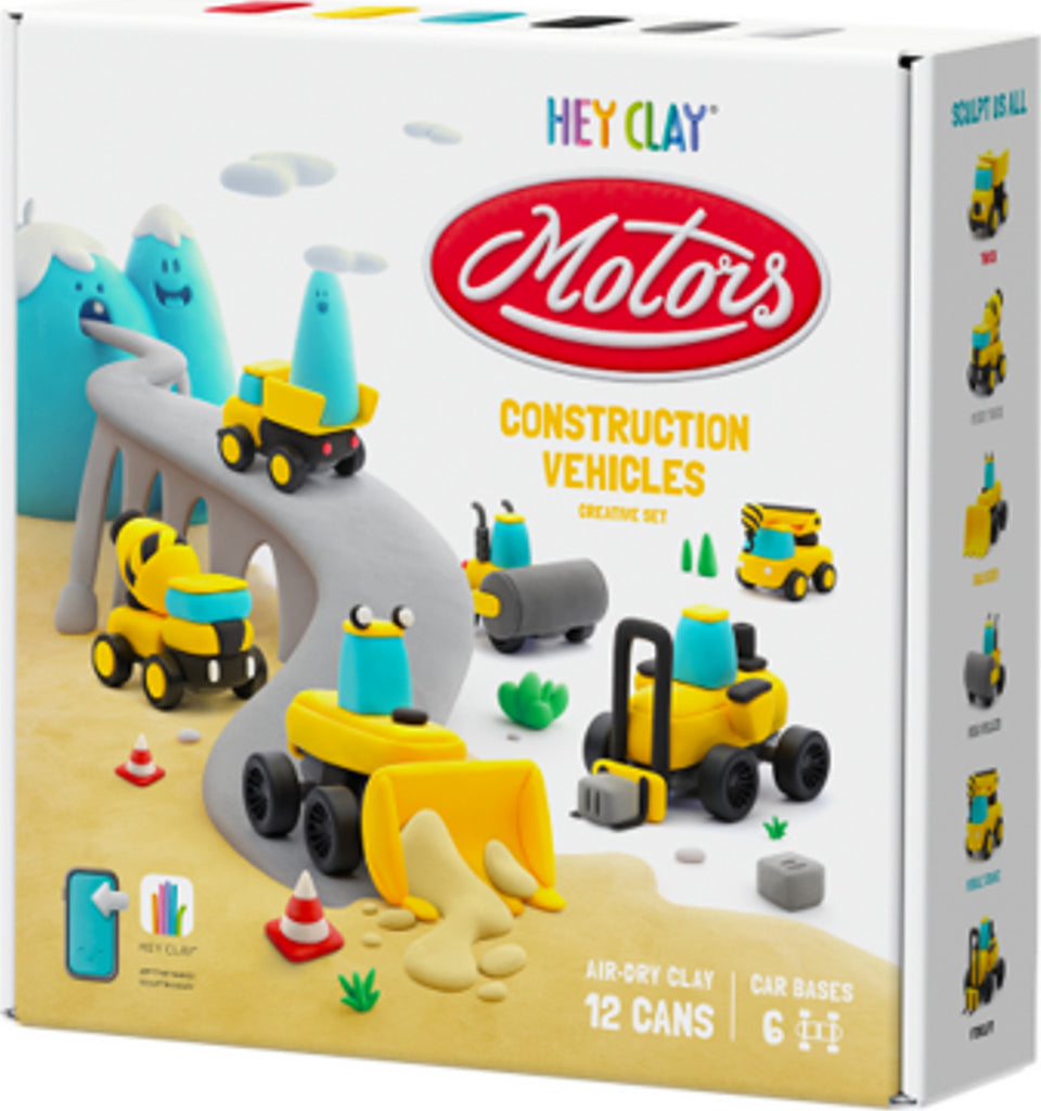 Hey Clay Construction Vehicles kit with clay, rolling chassis, and app-guided building instructions