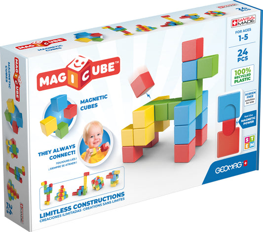Geomag Magicubes Full Color magnetic building blocks set with 24 colorful chunky cubes for toddlers and young children