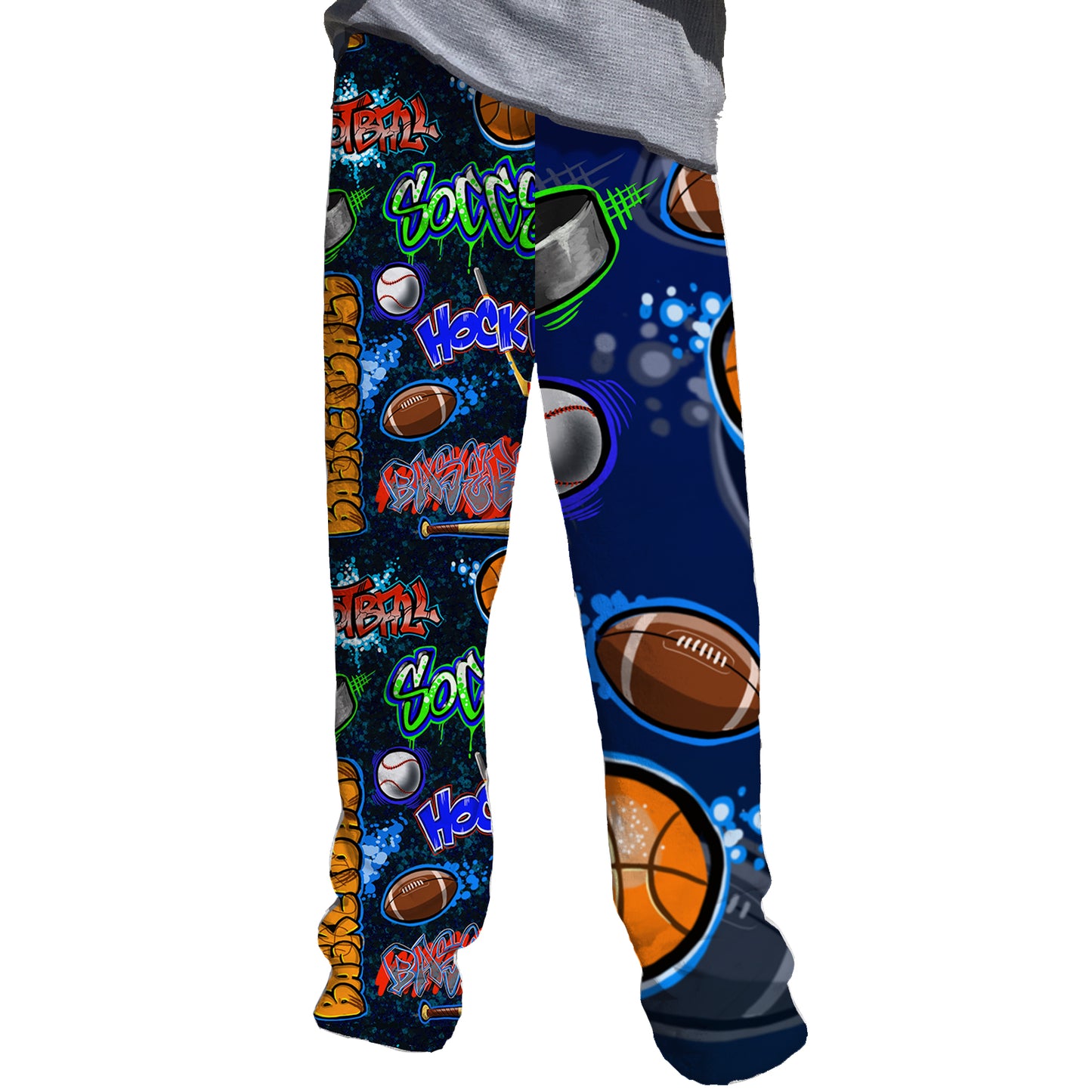 Soft fleece lounge pants with colorful sports print by Penelope Wildberry