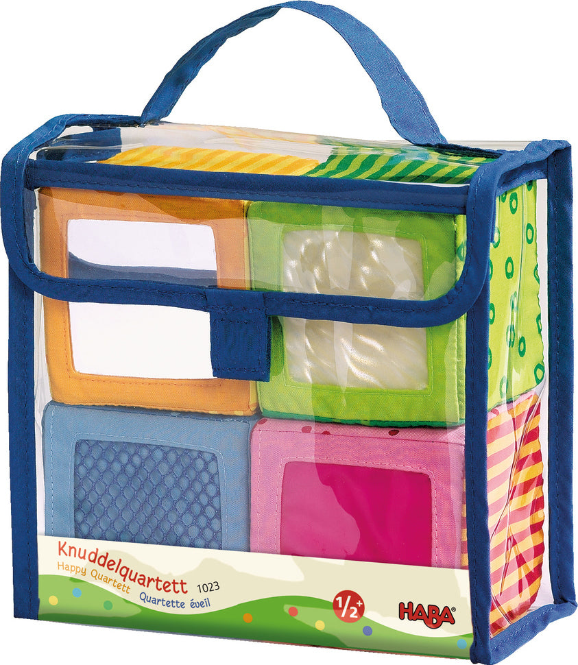 HABA Happy Quartett soft fabric baby blocks with colorful patterns and different sounds for stacking play