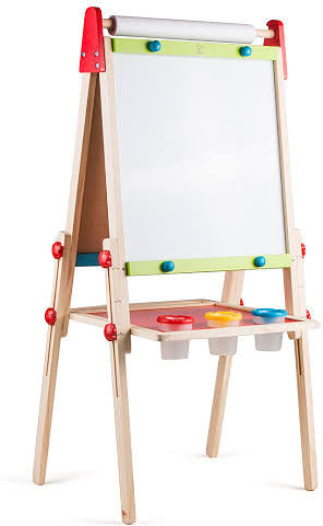 Hape All-in-1 wooden easel with whiteboard, chalkboard, paper roll, and storage compartments