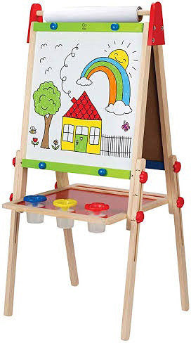 Hape All-in-1 wooden easel with whiteboard, chalkboard, paper roll, and storage compartments