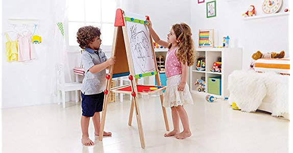 Hape All-in-1 wooden easel with whiteboard, chalkboard, paper roll, and storage compartments