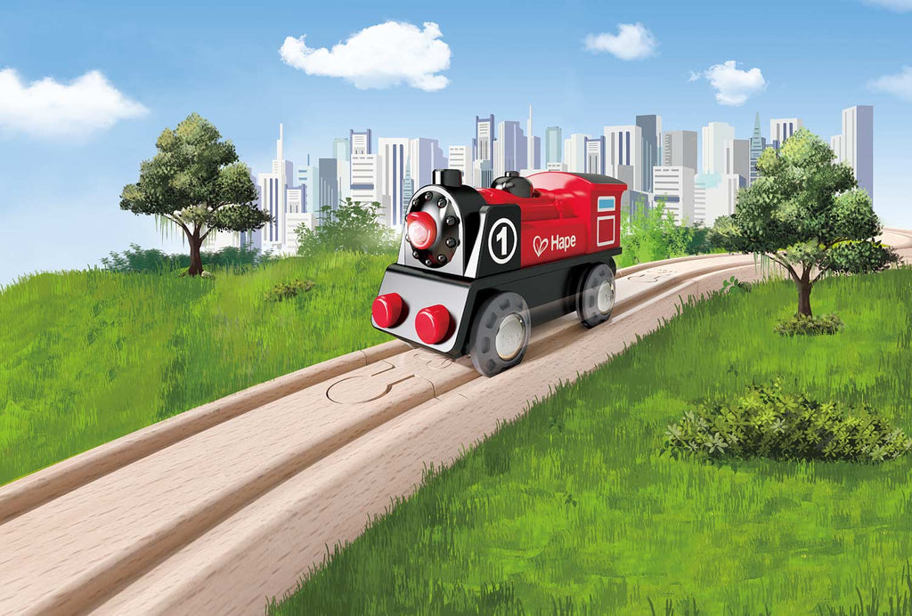 Hape Battery Powered Engine No.1 toy train with front lamp and reverse button for kids ages 3-8