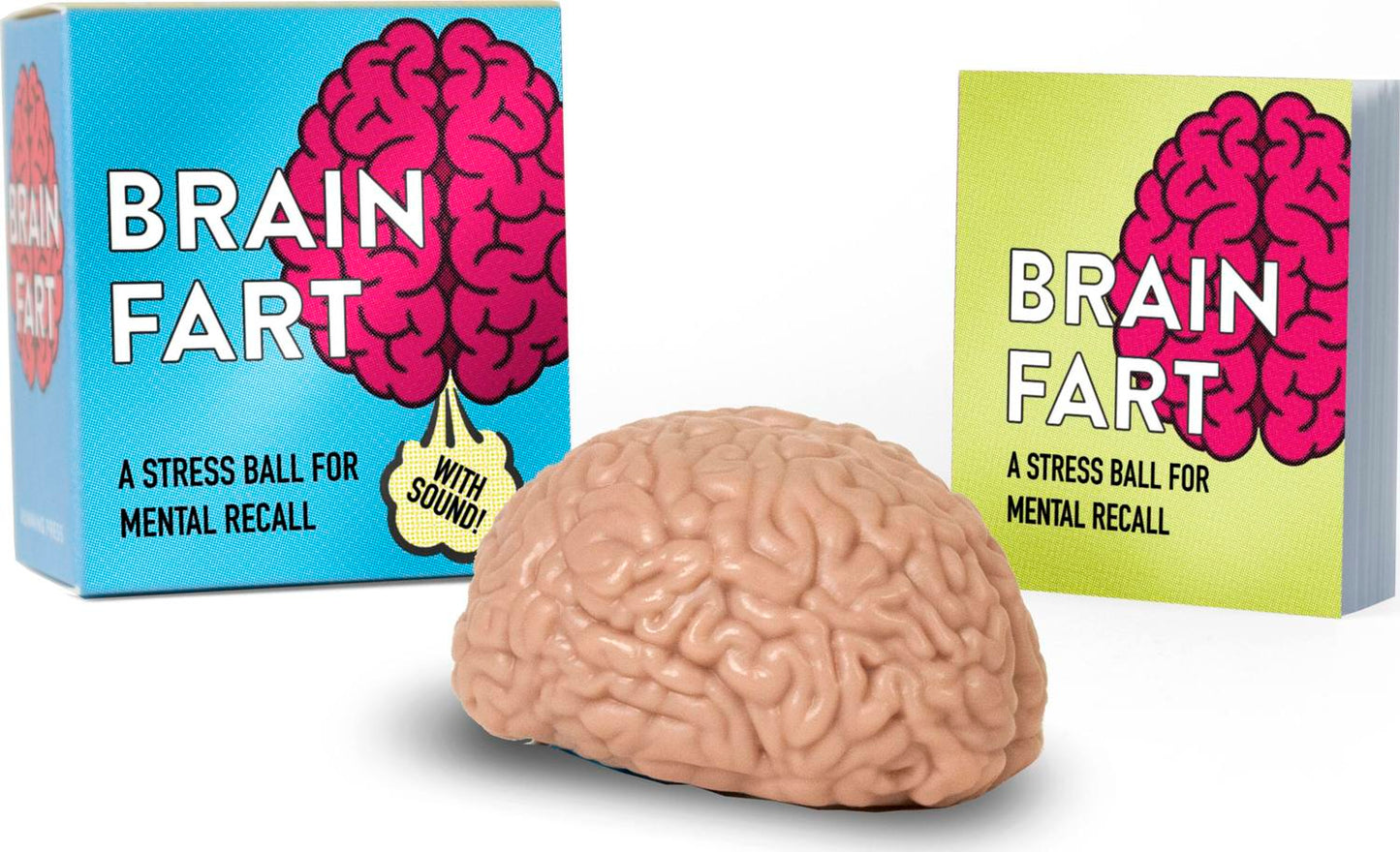 Brain Fart stress ball brain-shaped with sound effects and 32-page mini book for mental recall stress relief