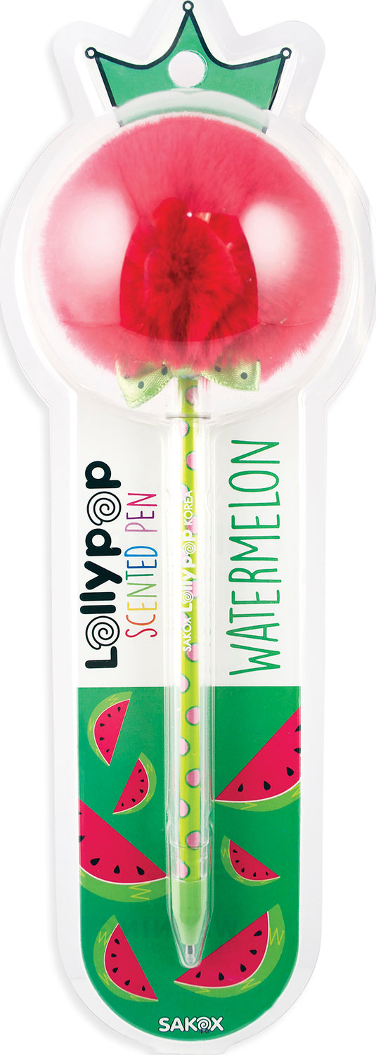Sakox watermelon scented lollypop pen with colorful pom pom design and protective case